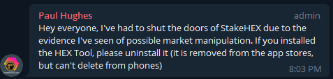 Telegram screenshot regarding stakehex.com
