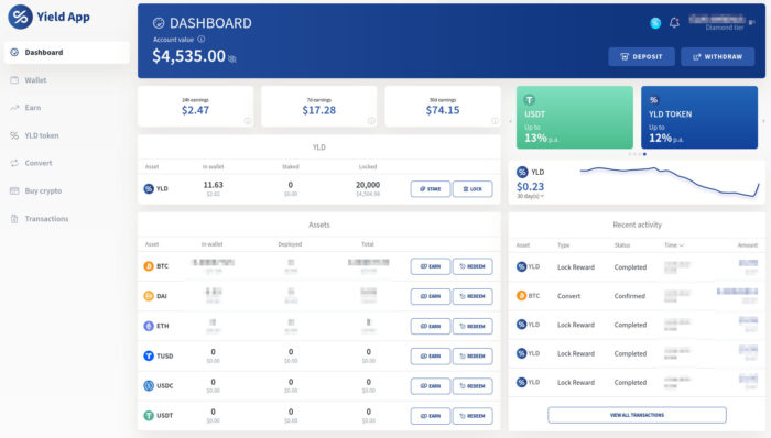 Screenshot des Yield App Dashboard