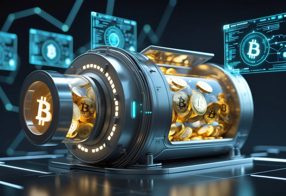 Ein futuristisches Gerät, das Bitcoins in transparenten Kammern mischt, umgeben von schwebenden digitalen Anzeigen.