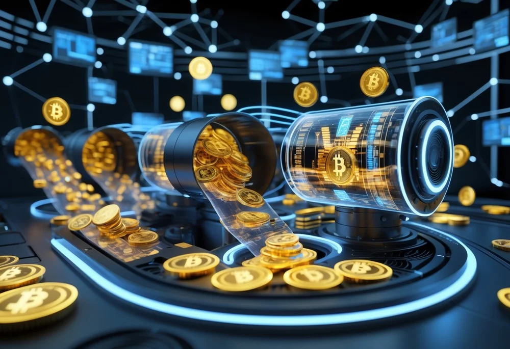 Eine 3D-Darstellung eines digitalen Systems, in dem Bitcoin-Münzen durch transparente Röhren fließen und in einem komplexen Gerät gemischt werden, um Privatsphäre bei Transaktionen zu symbolisieren.