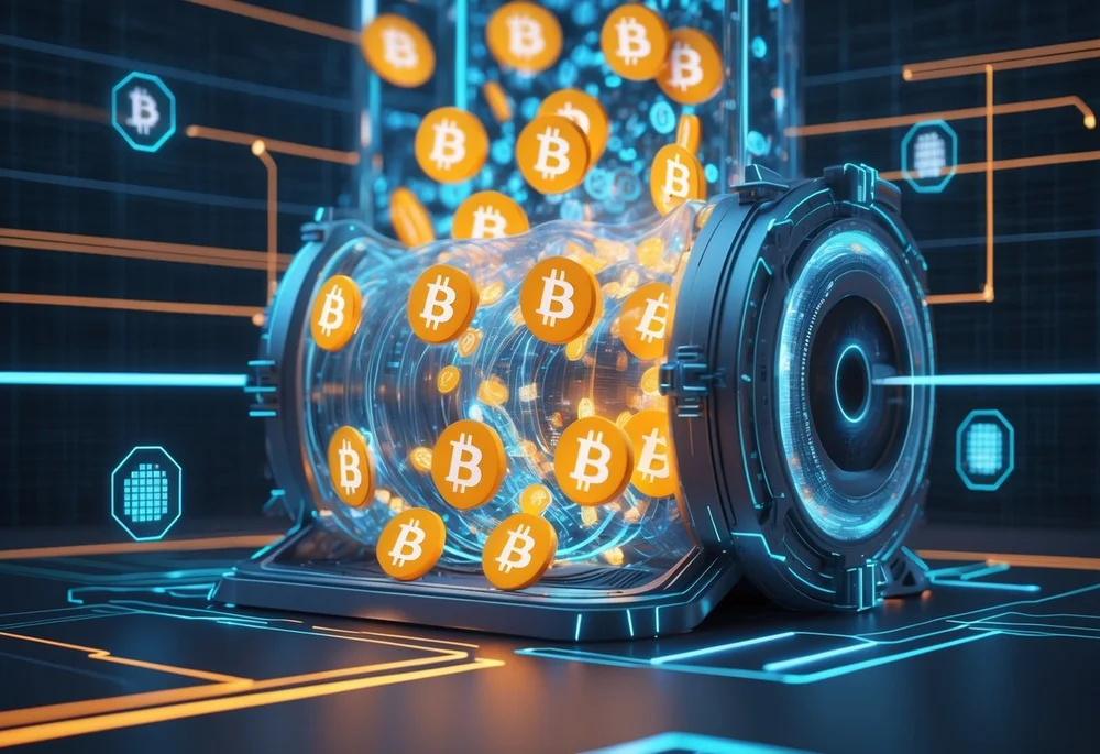 Eine 3D-Darstellung eines digitalen Geräts, das Bitcoin-Symbole mischt, um Anonymität zu schaffen, umgeben von Datenströmen und Blockchain-Knoten.